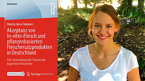 Ein Buchcover auf dem steht "Akzeptanz von In-vitro-Fleisch und pflanzenbasierten Fleischersatzprodukten in Deutschland", daneben ein Portrait einer l&auml;chelnden Frau