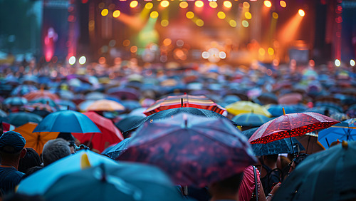 View of numerous umbrellas in front of an illuminated stage