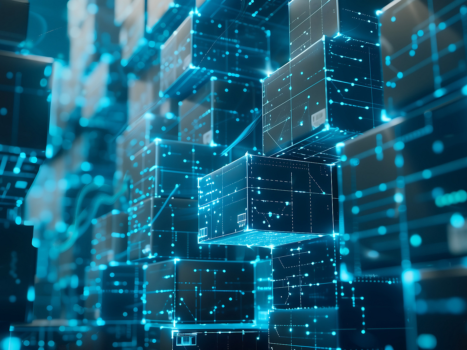 Das Bild zeigt eine futuristische Darstellung eines digitalen Lagersystems. Im Vordergrund und Hintergrund schweben zahlreiche dunkelblaue, quaderförmige Pakete oder Container, die von leuchtend blauen Linien, Punkten und Datenströmen umgeben sind. Diese leuchtenden Elemente symbolisieren digitale Vernetzung, Datenübertragung oder intelligente Logistikprozesse. Das gesamte Bild vermittelt den Eindruck eines vernetzten, automatisierten Lagers oder einer datenbasierten Lieferkette (Supply Chain). Die Atmosphäre ist technisch und modern, mit Fokus auf Digitalisierung und Effizienz.