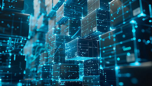 Das Bild zeigt eine futuristische Darstellung eines digitalen Lagersystems. Im Vordergrund und Hintergrund schweben zahlreiche dunkelblaue, quaderförmige Pakete oder Container, die von leuchtend blauen Linien, Punkten und Datenströmen umgeben sind. Diese leuchtenden Elemente symbolisieren digitale Vernetzung, Datenübertragung oder intelligente Logistikprozesse. Das gesamte Bild vermittelt den Eindruck eines vernetzten, automatisierten Lagers oder einer datenbasierten Lieferkette (Supply Chain). Die Atmosphäre ist technisch und modern, mit Fokus auf Digitalisierung und Effizienz.