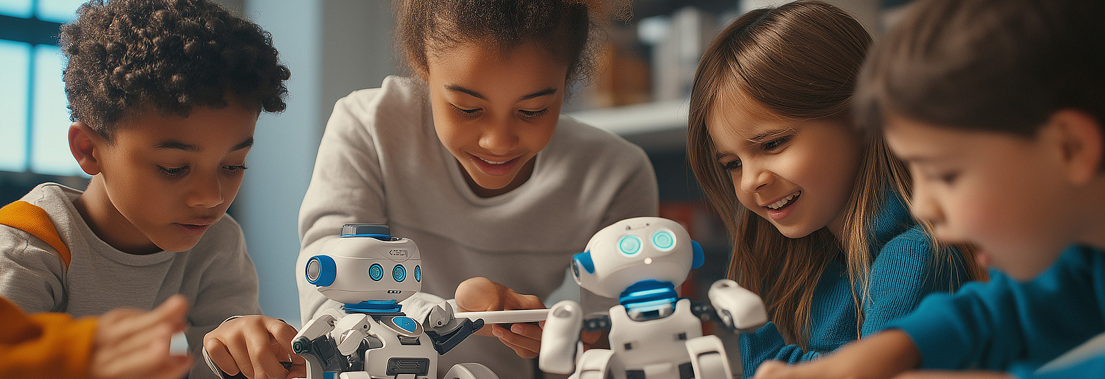 Kinder spielen mit Robotern.