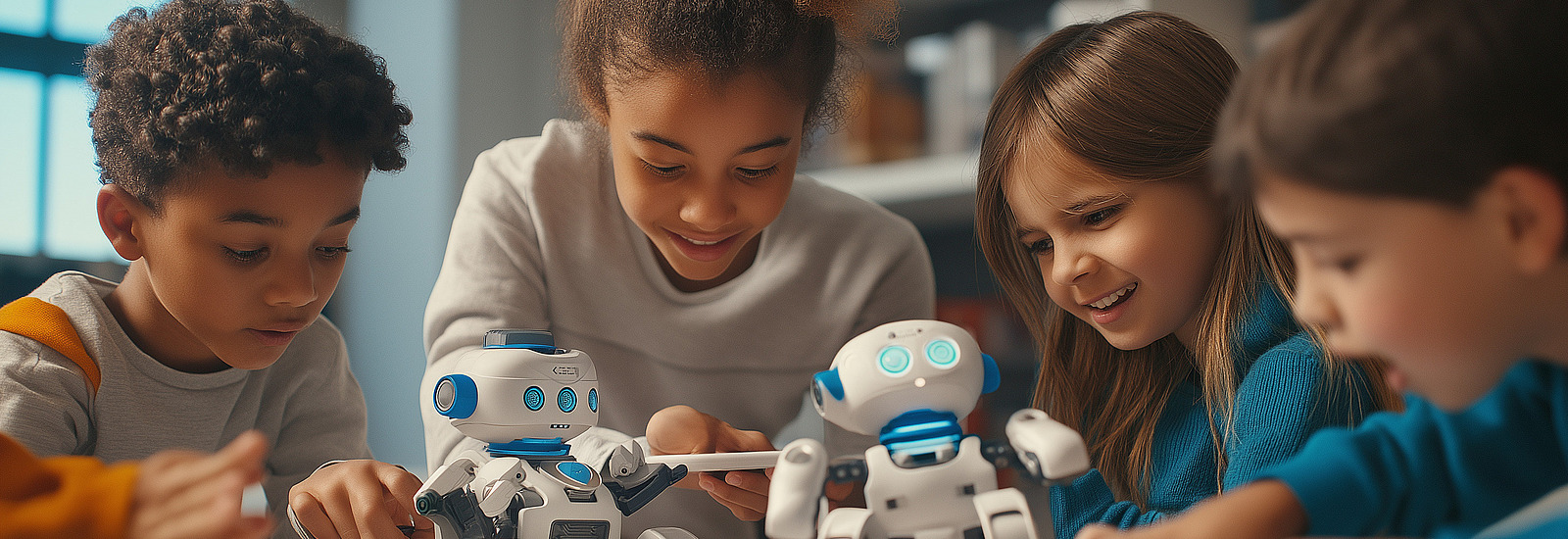 Kinder spielen mit Robotern.