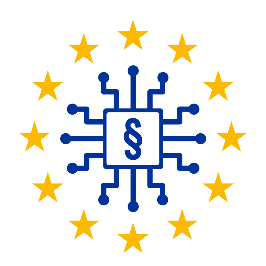 Ein blaues Paragraphen Symbol auf einer Art Computerchip der sich kreisförmig ausbreitet. Umrandet ist das ganze von den Sternen der EU-Flagge