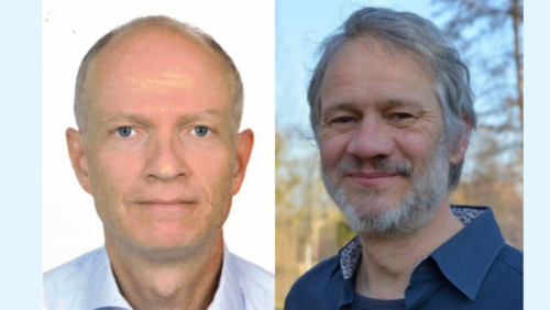 A collage of two portraits of men smiling at the camera