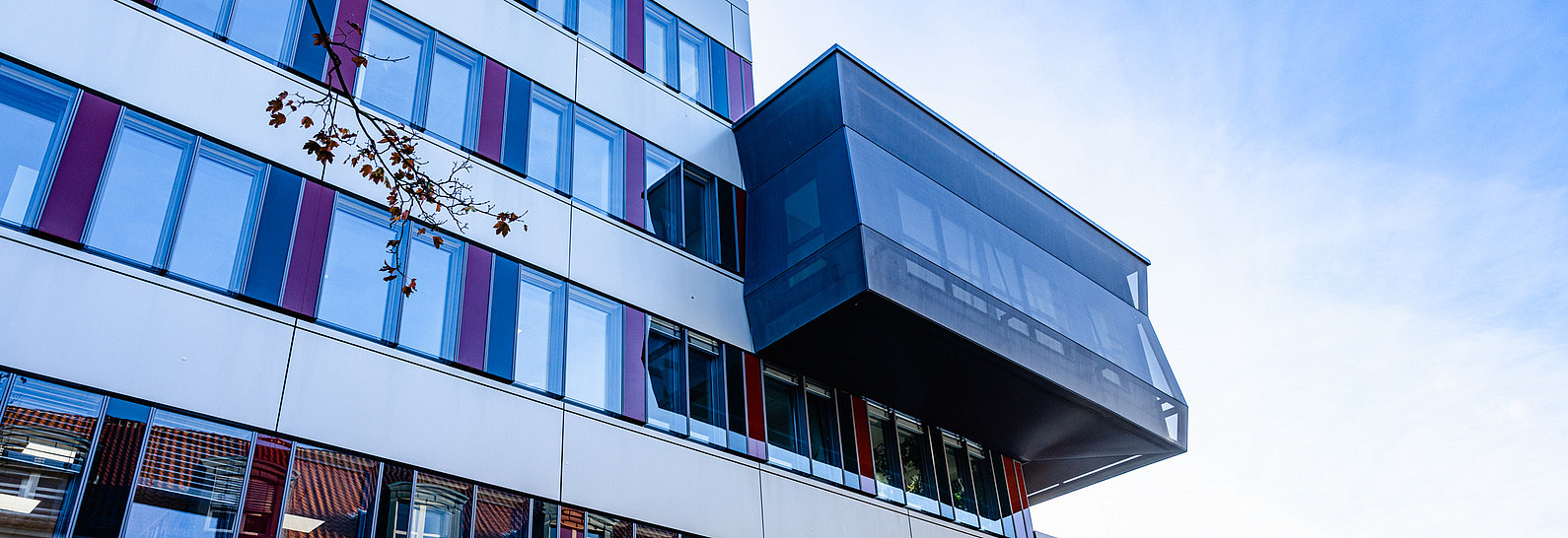 Institutsgeb&auml;ude von unten fotografiert mit Fokus auf den Seminarraum-Kubus