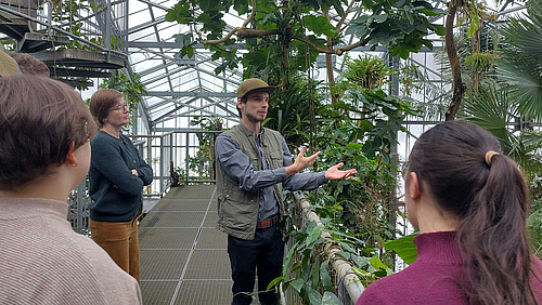 A group of people are standing in a greenhouse filled with green plants, listening to a man who appears to be telling them something.