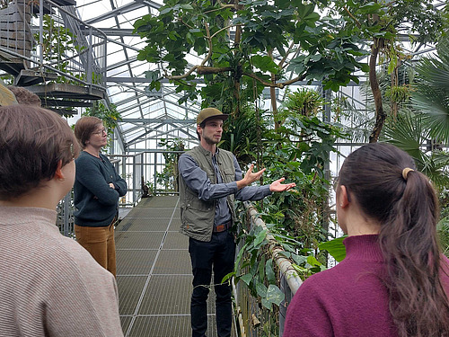A group of people are standing in a greenhouse filled with green plants, listening to a man who appears to be telling them something.