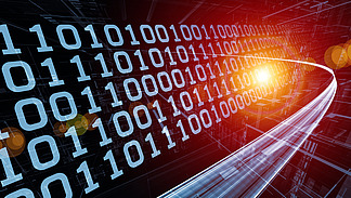 Serielle Digital Streams. Anordnung von Zahlen, Leuchten und Gestaltungselementen zum Thema digitale Kommunikation, Datenübertragung und virtuelle Realität