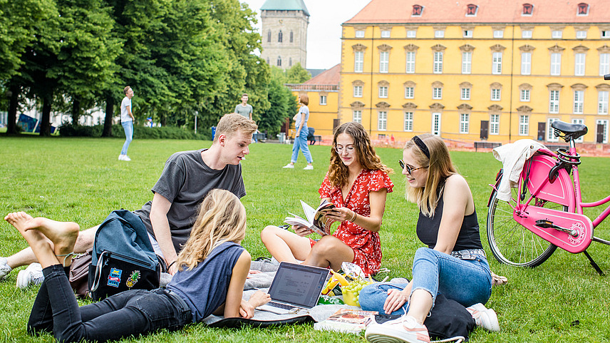 Vier Studierende sitzen auf einer Decke im Schlossgarten. Neben ihnen steht ein pinkes Fahrrad.
