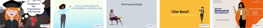 Kleine Pictogramme, die Berufsfelder darstellen, die für Absolvierende der Psychologie attraktiv sein können