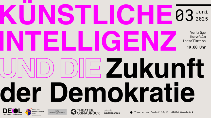 A graphic poster announcing the event title "Artificial Intelligence and the Future of Democracy". The poster features bold, colorful typography with the date and details of the event clearly visible. Other information includes the names of the host organizations and the event location.