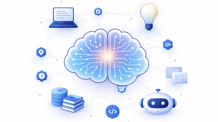 In einer Graphik werden eine Gl&uuml;hbirne, ein Datenspeicher, ein Laptop und ein Roboter mit einem elektronischen Gehirn, das in der Bildmitte steht, verbunden.
