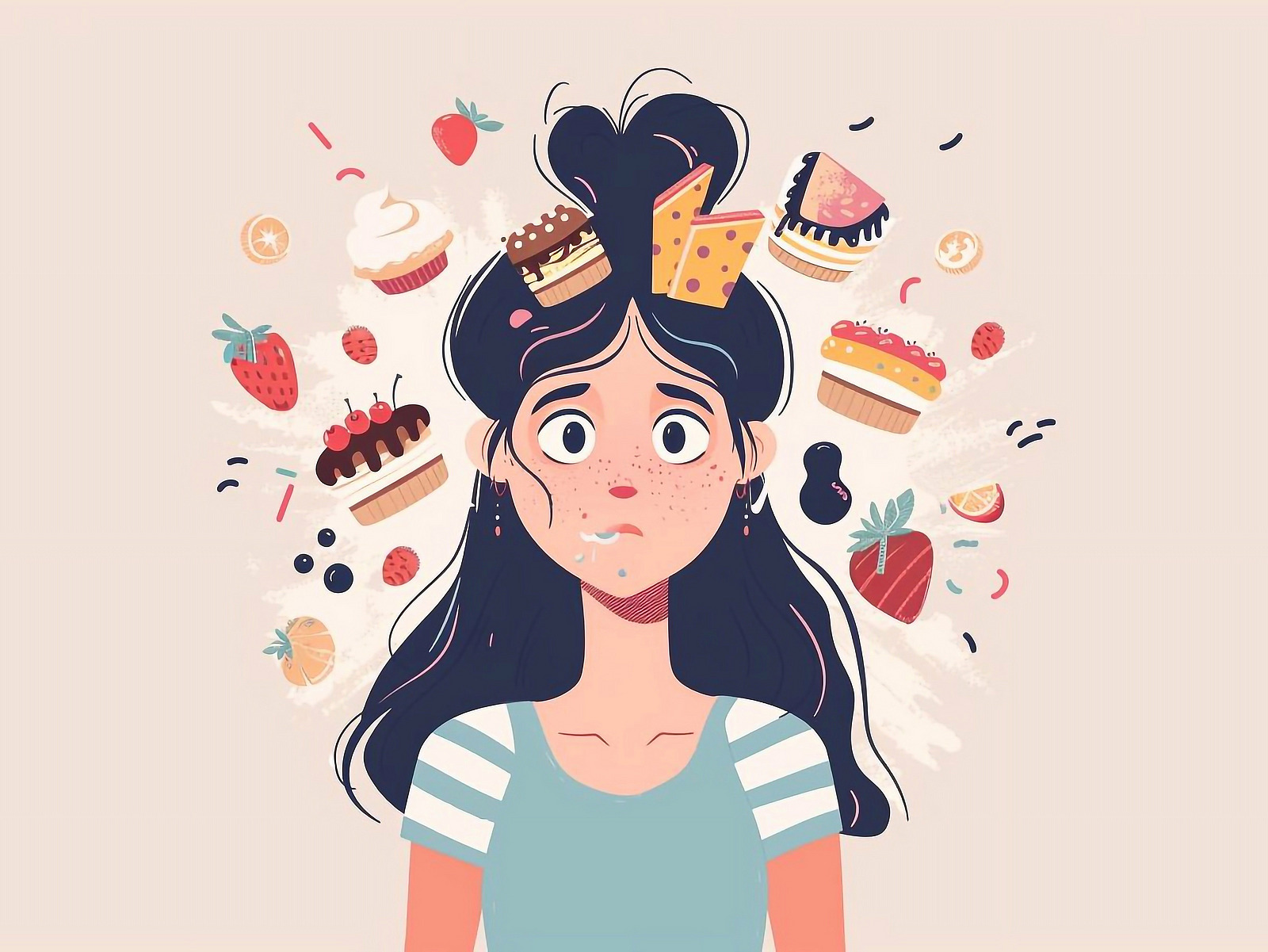 Drawing of a girl thinking about sweets.