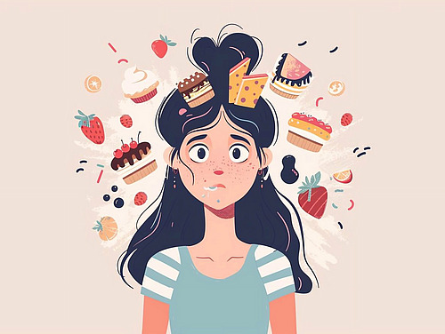 Drawing of a girl thinking about sweets.