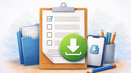 Ein Klemmbrett mit einem Formular steht im Mittelpunkt des Bildes. Davor ist ein gro&szlig;es Download-Symbol zu sehen. Daneben befinden sich ein Ordner mit Dokumenten, ein Smartphone mit Download-Zeichen sowie Stifte als Symbole f&uuml;r digitale und ausf&uuml;llbare Formulare.