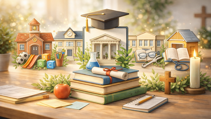 Symbolbild zu theologischen Lehramtsstudieng&auml;ngen: Auf einem Tisch stehen B&uuml;cher und Studienmaterialien im Vordergrund, dahinter verschiedene Schulgeb&auml;ude als Sinnbilder f&uuml;r Grundschule, Haupt- und Realschule, Gymnasium und berufsbildende Schule.