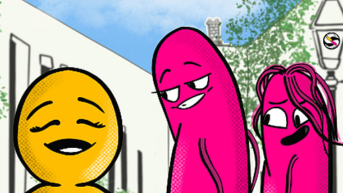 Cartoon of three bacteria, a pink bacterium looking around for an orange bacterium. 