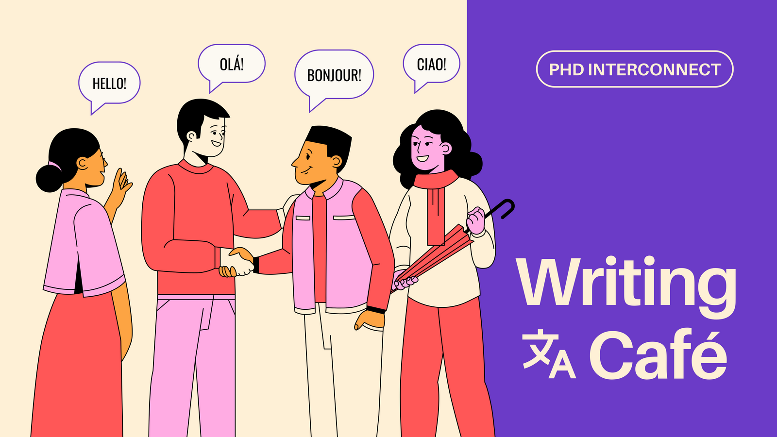  Illustration of several people from different countries chatting, with a title of a upcoming event "PhD interConnect writing Cafe"