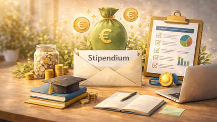 Symbolbild zu Stipendien und F&ouml;rderm&ouml;glichkeiten: Auf einem Schreibtisch liegen B&uuml;cher, Laptop, Unterlagen und ein Briefumschlag mit F&ouml;rderhinweis; erg&auml;nzt wird die Szene durch M&uuml;nzen, Abschlusskappe und Diagramme als Zeichen f&uuml;r finanzielle Unterst&uuml;tzung im Studium.