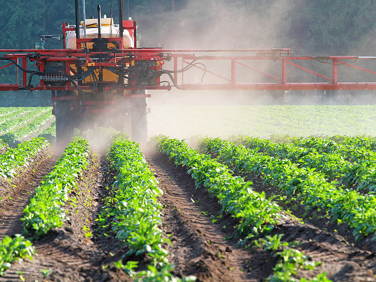 An agricultural machine drives across a field. 