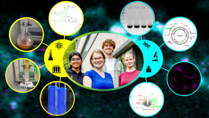 A collage of various graphics and photos related to science; in the centre is a group photo of three women and one man smiling at the camera.