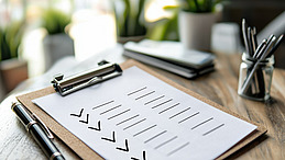 Ein aufgeräumter Arbeitsbereich mit einer Checkliste auf einem Klemmbrett, umgeben von Pflanzen, Stiften und einem Notizblock, fördert die Produktivität.