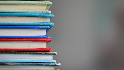 Sechs Bücher mit unterschiedlich farbigen Covern liegen aufeinandergestapelt. Der Hintergrund ist gräulich und unscharf.