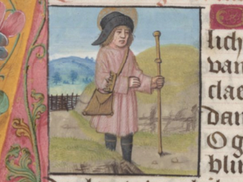 A picture from a medieval manuscript showing a wandering pilgrim with a pilgrim's staff.