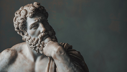 Eine detailreiche Skulptur eines nachdenklichen Mannes vor neutralem Hintergrund