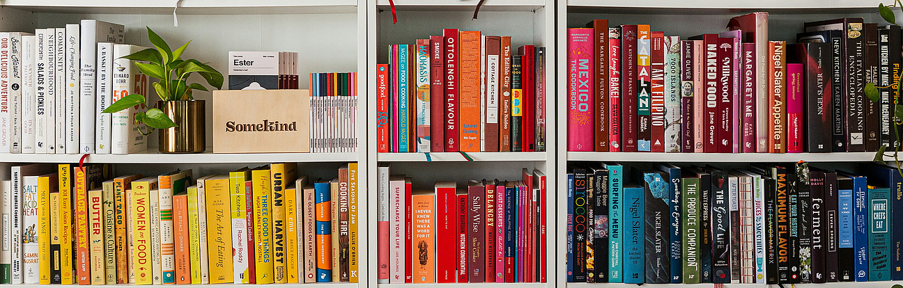 Zwei Reihen an Buechern in einem Holzregal