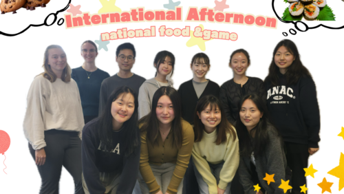 A group of young people, above the lettering "International Afternoon, national food & game