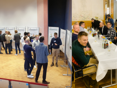 Links das Bild einer Postersession, daneben ein Esstisch an dem 8 Personen sitzen.