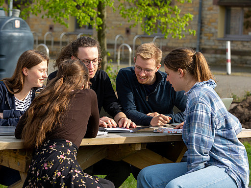 Five students are working at a table on a lawn in front of a building.