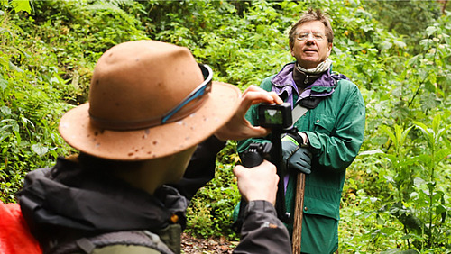 A man stands in lush vegetation and is filmed by a person wearing a hat.