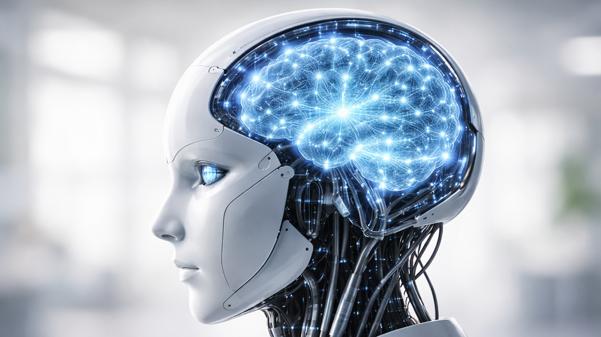 Abbildung zeigt einen Roboter mit einem leuchtenden Gehirn als Verdeutlichung der KI-Nutzung