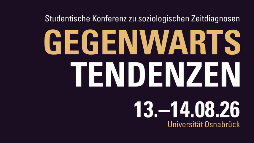 Logo der Konferenz: Ein Strichm&auml;nnchen steht auf einer goldenen Uhr und wirft seinen Schatten wie einen Zeiger voraus. Statt Zifferbl&auml;ttern steht "JETZT" am Rand der Uhr. Neben dem Bild stehen der Konferenztitel "Gegenwartstendenzen" und das Datum 13.-14. August geschrieben.