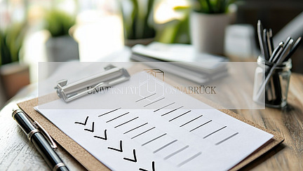 Ein aufgeräumter Arbeitsbereich mit einer Checkliste auf einem Klemmbrett, umgeben von Pflanzen, Stiften und einem Notizblock, fördert die Produktivität.