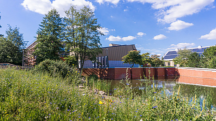 View through blossoming flowers to building 35 of the biology unit with a body of water in the foreground.