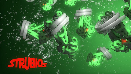 Graphical representation of molecules against a green background. At the bottom left, the word ‘Strubios’ is written in red.
