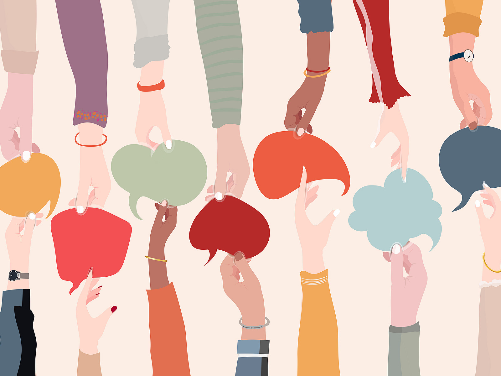 Arms/hands enter the picture from the top and bottom edges. They exchange speech bubbles with their “counterparts.” The whole thing is colorful, and you can see people of different ethnicities.