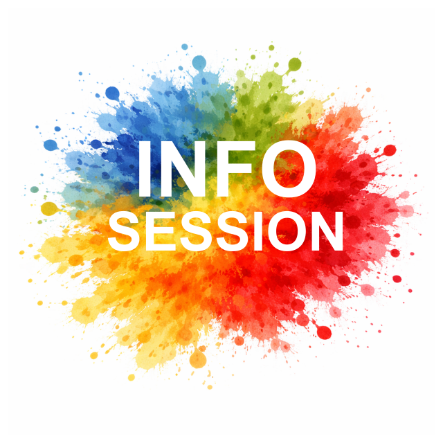 Splash of color (red, green, blue, yellow) with the words “Info Session”