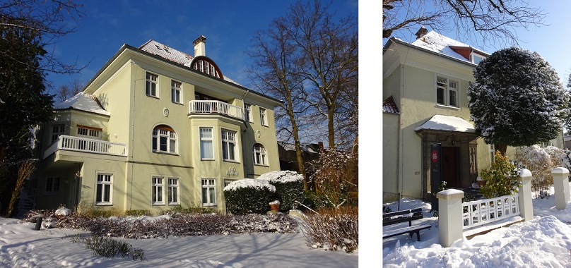 Winterzeit im Gästehause: Gartenansicht und Vorgarten mit Haustür