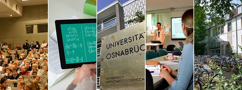 Impressionen aus dem Fachbereich Wirtschaftswissenschaften. Fotos: Gramberg, Popov/Fotolia;  Universität Osnabrück/Scholz, Münch, Pollert