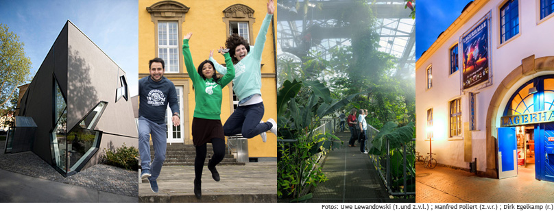 Vier Bilder mit dem Felix Nussbaum-Haus, Studierenden vor dem Schloss, einem Blick in das Regenwaldhaus des Botanischen Gartens und der Lagerhalle Osnabrück. Fotos: Lewandowski/Pollert/Egelkamp