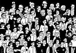 Schwarz-Weiß-Illustration mit Menschen aus verschiedenen Berufsgruppen (Handwerker, Krankenpfleger, Büroangestellte etc.), Alle tragen eine Maske.