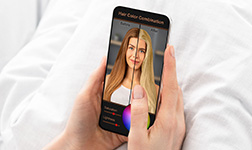 Frau wählt neue Haarfarbe, mit neuesten mobilen Anwendung auf dem Handy, während auf dem Bett liegend, Nahaufnahme. Virtuelle Friseur, Frisur Simulation mobile Software-Konzept, kreatives Bild
