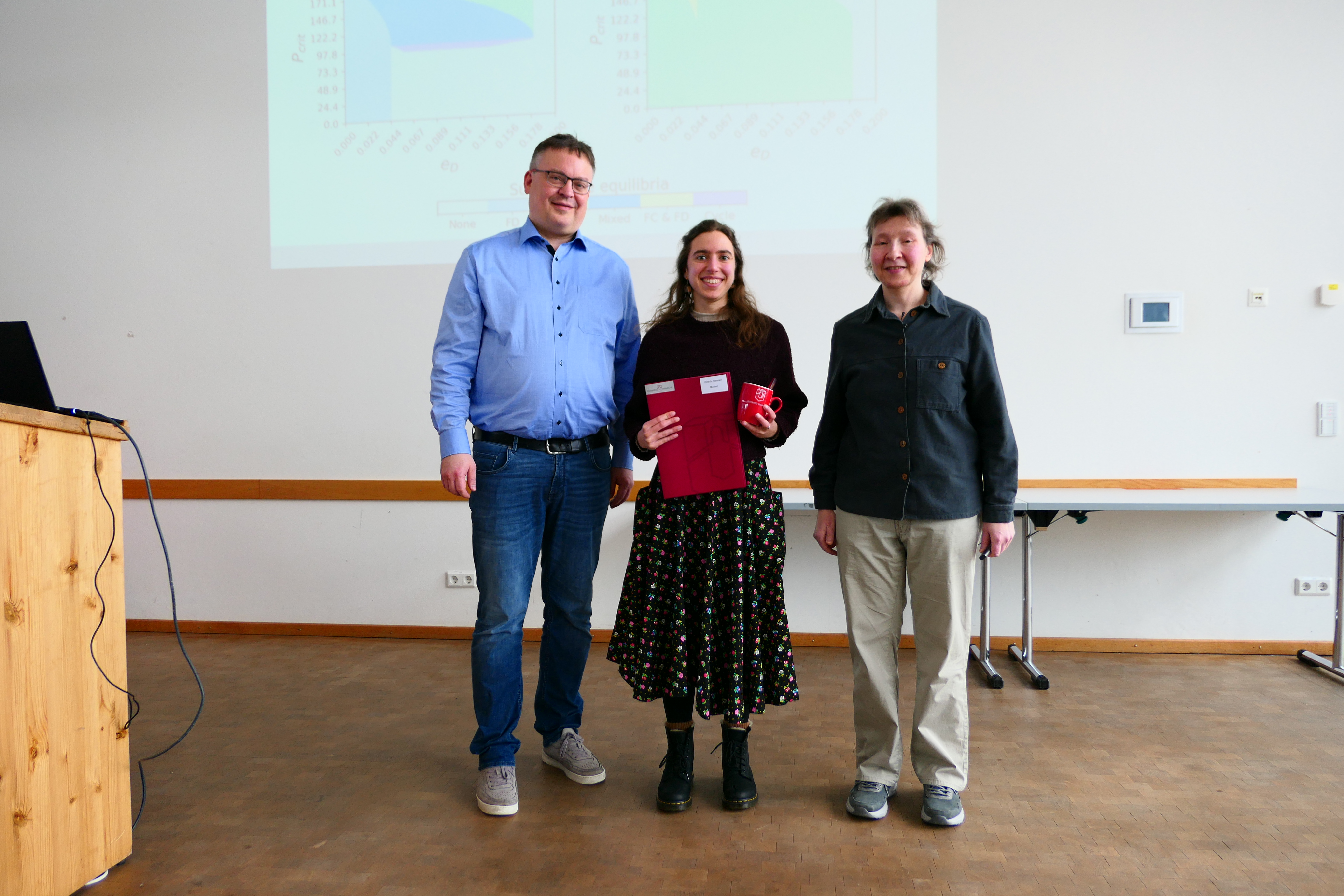 Eine Studentin steht mit ihrem Abschlusszeugnis zwischen Dekan und Studiendekanin.