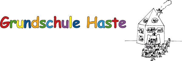 Logo der Grundschule Haste aus Osnabrück. Die Illustration zeigt ein Haus, in das viele Kinder reingehen und andere Kinder aus den Fenstern winken.