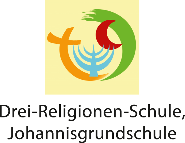 Logo der Drei Religionen Schule aus Osnabrück. Es zeigt in stilisierter Form ein Kreuz für das Christentum, die Menora, den siebenarmigen Leuchter des Jugentums, und den Hilal, den Sichelmond für den Islam.