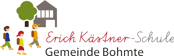 Logo der Erich Kästner Schule der Gemeinde Bohmte. Auf der Illustration sind drei Kinder mit Tornister zu sehen, die an einem Haus und einem Baum entlanglaufen.